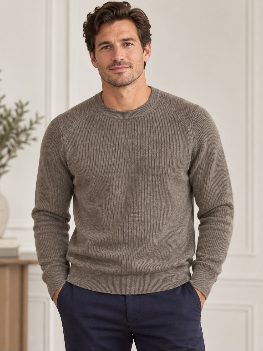 J.Crew Men’s 100% Cashmere Ribbed Crewneck Sweater Taupe Gray L NWT
